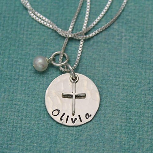 Holy Confirmation or First Communion Cross Necklace Personalized Sterling Silver Disc Hand Stamped Jewelry