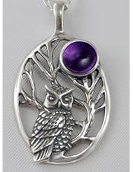 Silver Sacred Owl Pendant with Amethyst and Made in America