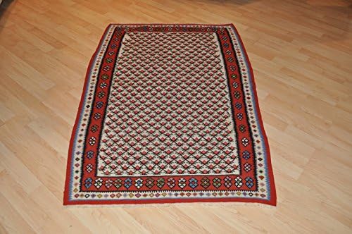 4 X 5 Ft. Persian Handmade Kilim Senneh Rug Hand Woven Fine Quality White Beige
