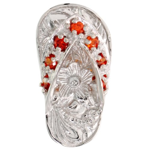 Sterling Silver Hawaiian Flip Flop Slippers Pendant, w/ Brilliant Cut Orange Sapphire-colored CZ Stones, 3/4" (19mm) tall