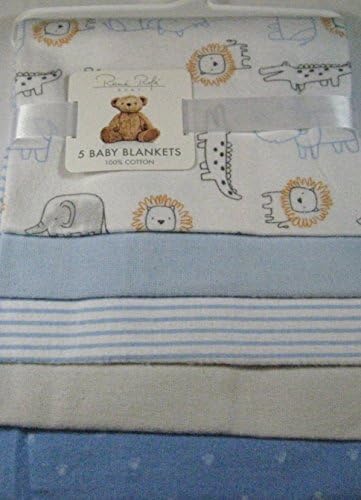 Rene Rolfe 5 Pk.Soft Flannel Baby Boys Receiving Blankets 100% Cotton Blues and Beige