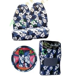 9 Piece Hawaiian Auto Interior Gift Set - Blue Hawaii Hibiscus Floral print: 2 Front Bucket Seat Cover, Steering Wheel Cover, 2 Shoulder Harness Pressure Relief Cover, 2 Front Floor Mat and 2 Rear Floor Mat - Blue