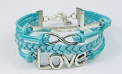 Vintage Style Light Blue Leather Rope Cross Love Letters Infinity Love Bracelet