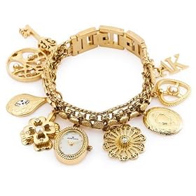 AK Anne Klein Women's Swarovski� Crystal Accented Gold-Tone Charm Bracelet Watch # 10-8096CHRM