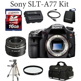 Sony A77 24.3 MP Translucent Mirror Digital SLR (Body) + SAL50F18 DT 50mm F1.8 SAM Lens + Deluxe Camera Case + Spare NPFM500H Li-Ion Battery Pack + 16GB Class 10 Memory Card + Professional Tripod + Card Reader + Cleaning Kit + UV Filter