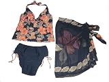 Womens YBL swimsuit, two piece plus wrap, tankini, bikini bottoms, with pareo sarong coverup, Hibiscus Bouquet