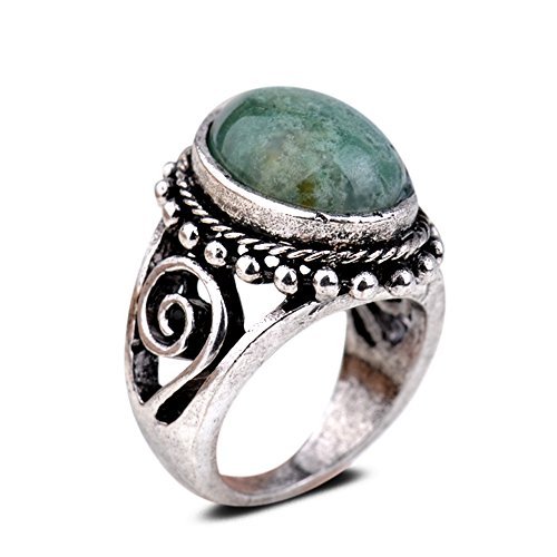 YAZILIND Vintage Antique Oval Cut Green Jasper Retro Silver Plated Ring Women