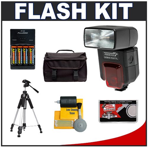 Phoenix DZBIS-112iTTL Digital Autofocus Flash (i-TTL, D-TTL, TTL) + 4 Batteries  Charger + Tripod + Case for Nikon D5000, D3100, D3000, D700, D300s, D300, D90, D60  D40 Digital SLR Cameras