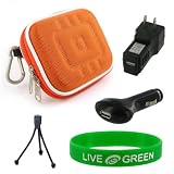 Non-OEM Flip UltraHD Video Camcorder Orange Nylon Hard Shell Carrying Case with Black Car and Home-Wall Chargers, Tripod and Screen Protector (Flip Ultra NOT included)