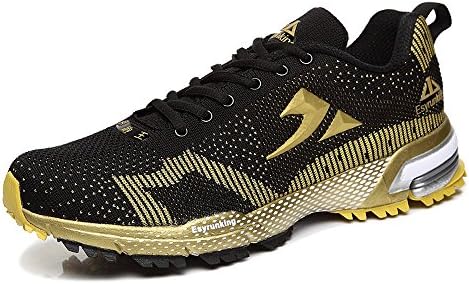 Men's Breathable Flyknit Performance Marathon Running Shoe - Athletic Cross Training Running Lightweight Black Gold