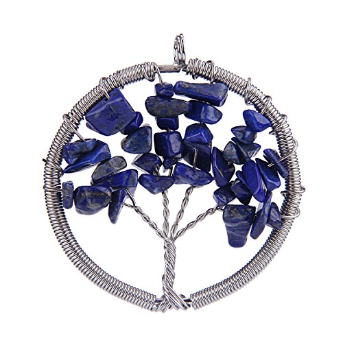 Zhenhui Christmas Gift Silver-tone Round Tree of Life Natural Stone Beads Pendants with One Hook DIY Multicolored Gravel Circle Charm Necklace 2'' in Diameter 9 Colors (Blue Gravel)