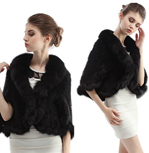 Women's Real Knit Mink Fur Shawl Fox Fur Collar Wrap Jacket Cloak Cape Coat