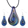 Blue Swirl Drop Dichroic Pendant And Earring Murano Glass Jewelry Set