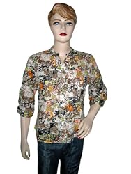 Womens Tops Bohemian autumn Printed Cotton Shirt 3/4th Sleeve Button Front Blouse Small
