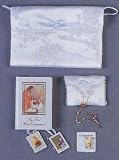 Girls Deluxe First Communion Gift Sets - Pearl Rosary with Satin Rosary Case - FC Pin - Scapular - Satin Brocaded Shoulder Purse