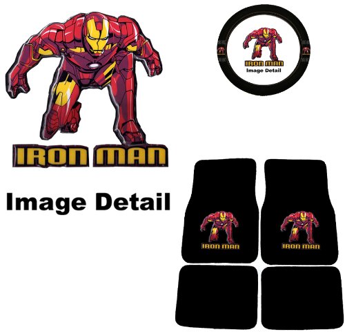  Iron Man Marvel Comics Logo Front & Rear Seat Car Truck SUV Carpet Floor Mats w/ Steering Wheel Cover - 5PC