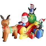 6 Foot Long Christmas Inflatable Santa on Sleigh with Reindeer and Penguins Yard Decoration