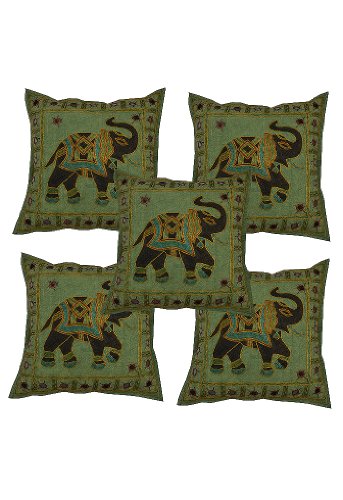Imagen principal de Elephant cojín bordado algodón cover set Mirror Work Tamaño 16 x 16 pulgadas Juego de 5 piezas