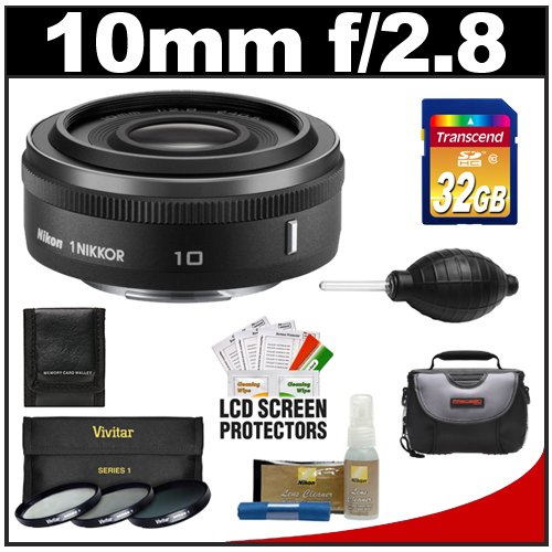 Nikon 1 10mm f/2.8 Nikkor Lens (Black) with 32GB Card + Case + 3-Piece UV/CPL/ND8 Filter Set + Cleaning & Accessory Kit