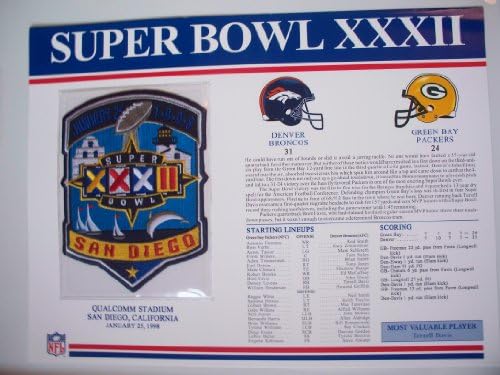 1997 Denver Broncos vs Green Bay Packers NFL Super Bowl 32 (XXXII) 1998 Terrell Davis MVP Willabee Ward Patch and Stat Panel Card