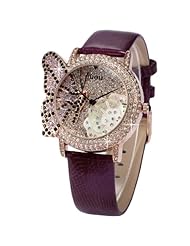 Fashion Rose Gold Lady Women Girl Crystal Butterfly Purple Leather White Wrist Watch WK1158