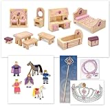 Melissa and Doug Princess Wooden Castle Furniture and Royal Family Wooden Dolls Set with Princess Tiara