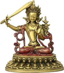 Manjusri Wisdom and Awareness Statue, Gold and Red