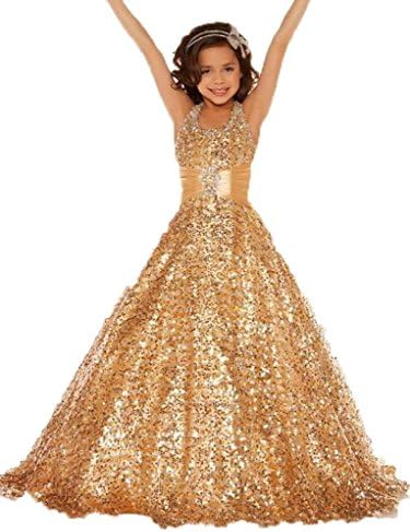 SuMeiyue Girls' Halter Full Sequins Special Occasion Long Pageant Dress Bronze Gold 10-11 Years