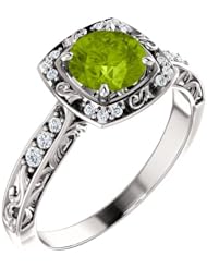 18K White Gold 6.00mm Round Cut Peridot and Diamond Ring -- LIFETIME WARRANTY