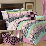 Teen Girl Reversible Black Pink Green Zebra Damask Twin Comforter Set (8pc Bed in a Bag)
