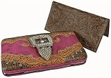 Western Style Rhinestone Belt Buckle Tooled Faux Leather Framed Flat Clutch Wallet w/ Checkbook Cover in Choice of Colors