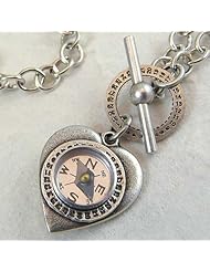 Heart and Compass Pendant on Sterling Silver Link Necklace