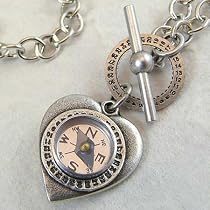Heart and Compass Pendant on Sterling Silver Link Necklace