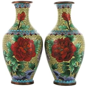 Vintage Pre-Owned Pair of Antique Tan Cloisonne Vases with Red Flowers and Butterflies; 7-1/8 inches tall and 3-3/16 inches wide