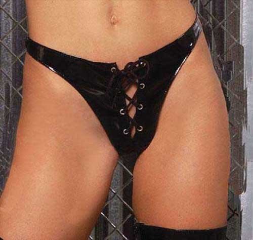 Lace Up Vinyl Thong in One Size, Queen Plus Size Lace Up Vinyl Thong in One Size, Queen Plus Size