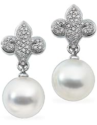 18K Palladium White Gold Paspaley South Sea Cultured Fine Round and Diamond "Fleur-de-Lis" Earrings -- LIFETIME WARRANTY