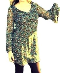 Bell Sleeves Scoop Neck Floral Print Vintage Lace-Up Chiffon/Polyester Tunic/Mini Dress 