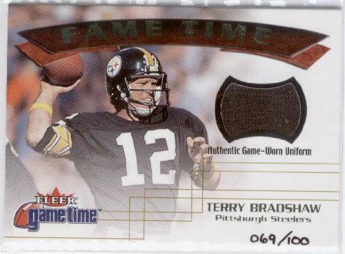 2001 Fleer Game Time Fame Time 1 Terry Bradshaw Pittsburgh Steelers (Piece of Authentic Game Worn Jersey - Serial #'d to 100 - Football Cards)