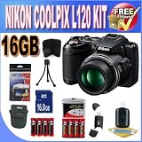COOLPIX L120 14.1 MP Digital Camera with 21x NIKKOR Wide-Angle Optical Zoom Lens and 3-Inch LCD (Black) + 16GB SDHC Memory + 2 Sets of NIMH AA Batteries + USB Card Reader + Deluxe Case w/Strap + Memory Card Wallet + Accessory Saver Bundle!