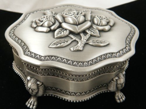 Pewter Metal Jewelry Box With Beautiful Roses