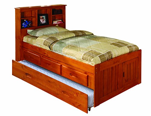 Discovery World Furniture Twin Bookcase Captains Bed with 3 Drawers and Twin Trundle, Honey
