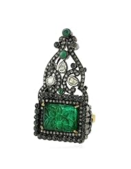 18kt Yellow Gold Diamond Pave Emerald Carved Ring Silver Antique Style Jewelry