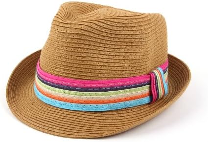 Summer Cool Straw Hipster Fedora Hat Colorful Band 119HF (Tan)