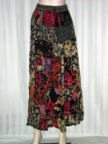 Womens Fashion Skirt Flower Patch Onyx Black Long Tiers of Patches Gypsy Skirt Bellydance Free Shipping