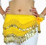 Chiffon Dangling Gold Coins Belly Dance Hip Scarf, Vogue Style -yellow