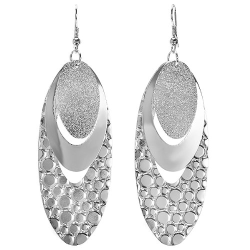 Unique Dangling Chandelier Bling Bling Earrings in White Alloy Metal Oval Shaped Petals 3 Textured layers (Length 3.5 inches, Width 1 Inch)