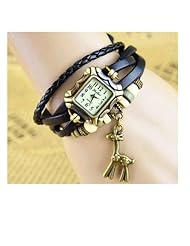 Lady Retro Sika Deer Beads Braided Leather Wrist Watch Bracelet Bangle Xmas Gift (Black)