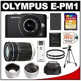 Olympus PEN Mini E-PM1 Micro 4/3 Digital Camera & 14-42mm II Lens (Black) with 40-150mm Zoom Lens + 32GB Card + Filters + Case + Tripod + Wide-Angle & Telephoto Lenses + Accessory Kit (Refurbished by Olympus)