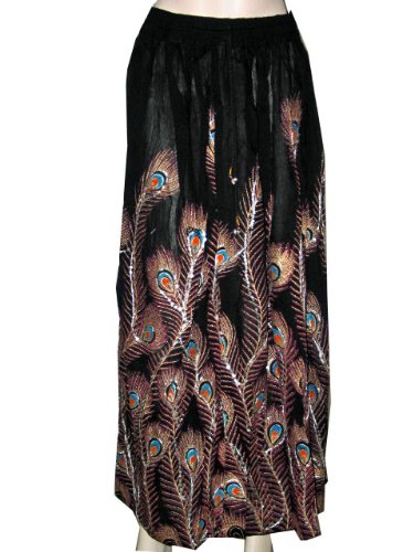 Womens Skirt Designer Black Beaded Peacock Print Boho Long Skirt