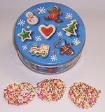 Scott's Cakes 1 lb. White Chocolate Covered Pretzel with Rainbow Jimmies in a Christmas Cookie Tin